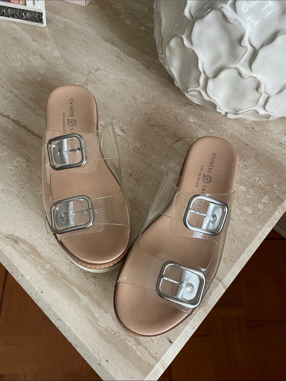 Chinese Laundry Clear Double-Strap Slide Sandals with Silver Buckles - Nude